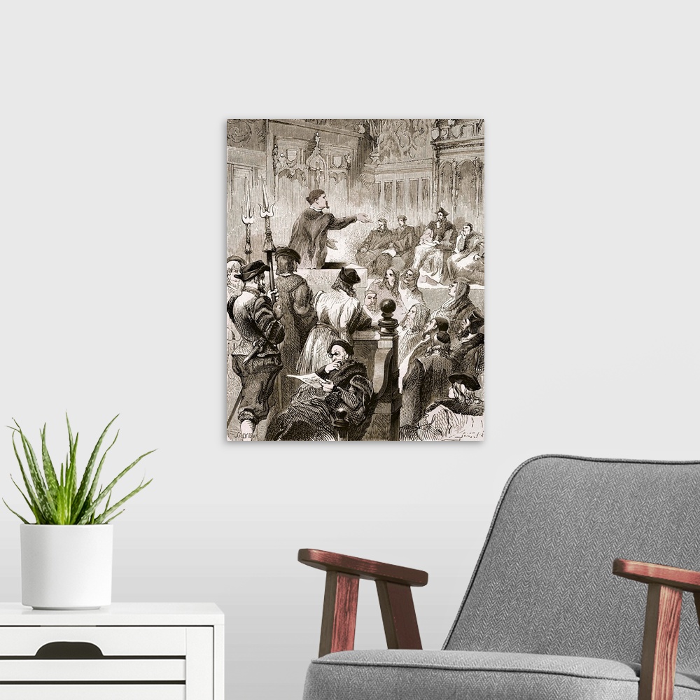 A modern room featuring Paracelsus and the Basel tribunal. Historical artwork of the Swiss alchemist and physician Parace...
