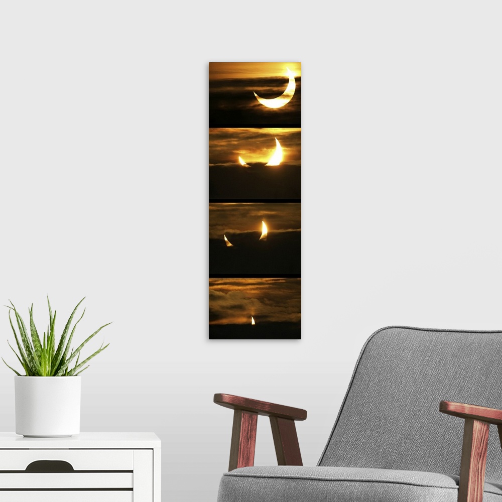 A modern room featuring Partial solar eclipse. Series of images showing the progression of a partial solar eclipse, as se...