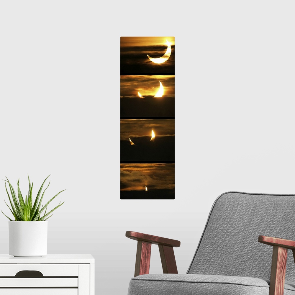 A modern room featuring Partial solar eclipse. Series of images showing the progression of a partial solar eclipse, as se...