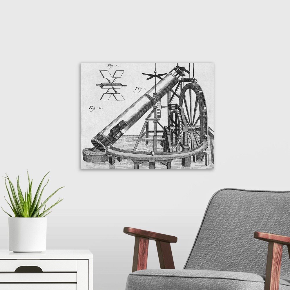 A modern room featuring Perpetual motion machine. Engraving showing a design for a perpetual motion machine designed by U...