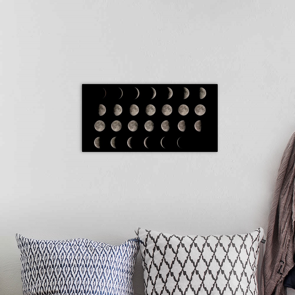 A bohemian room featuring Composite image showing the moon at each stage of its 28 day cycle or a lunar month.
