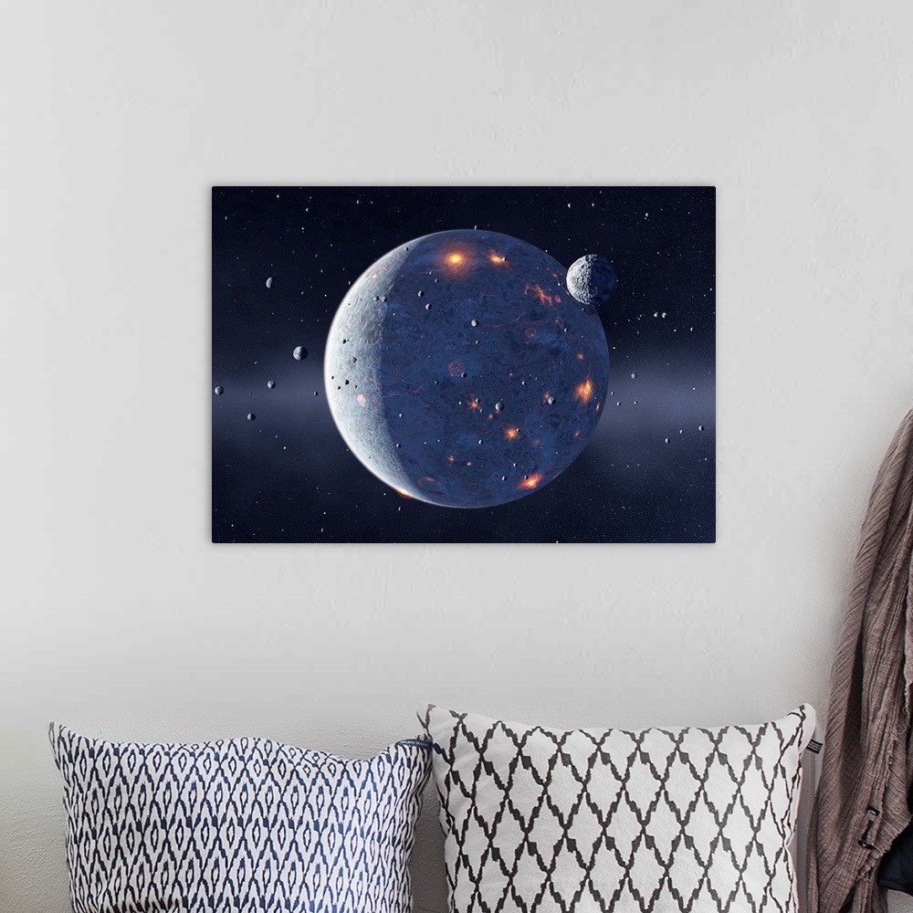 A bohemian room featuring Planetary formation. Computer artwork of numerous small rocky bodies (planetessimals) accreting t...