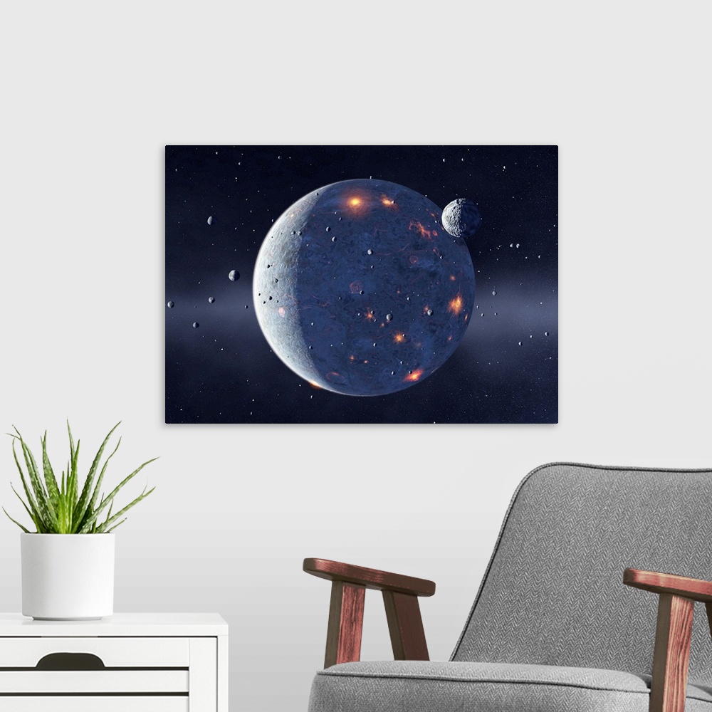 A modern room featuring Planetary formation. Computer artwork of numerous small rocky bodies (planetessimals) accreting t...