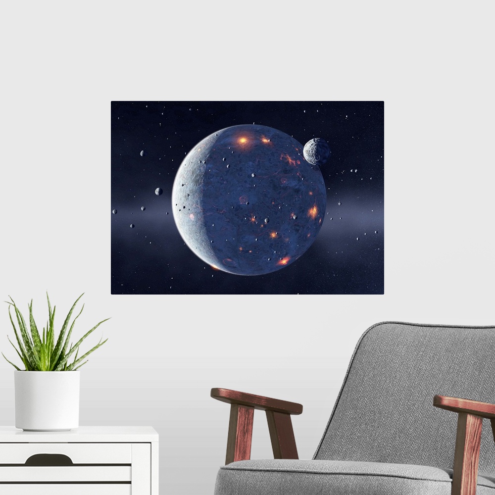 A modern room featuring Planetary formation. Computer artwork of numerous small rocky bodies (planetessimals) accreting t...