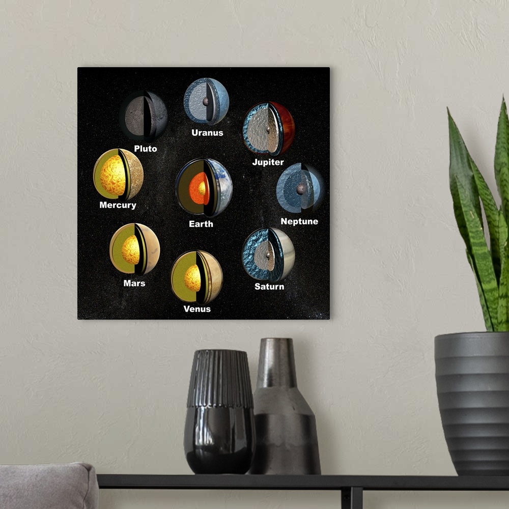 A modern room featuring Planets' internal structures, and Pluto, computer artwork. Mercury, Mars and Venus consist of a l...