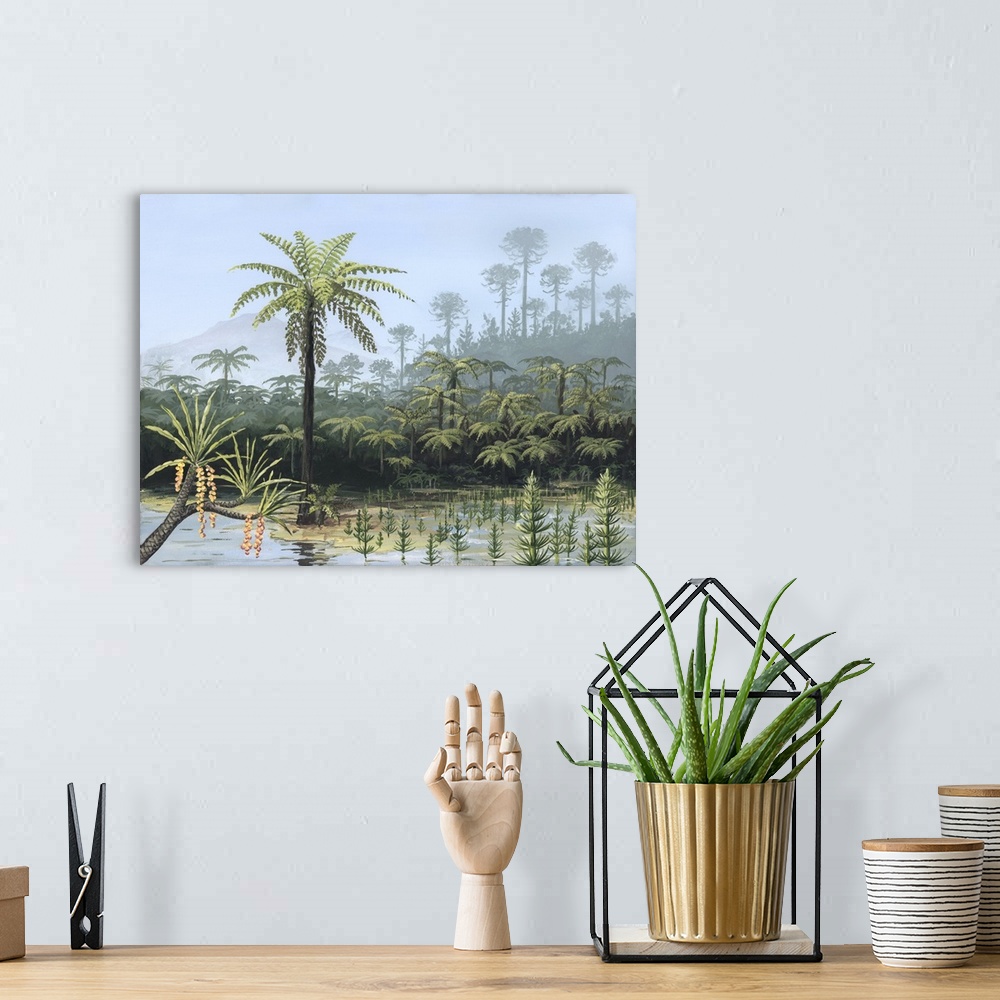A bohemian room featuring Prehistoric tree ferns. Artwork of tree ferns growing by a lake. Ferns like these were numerous d...