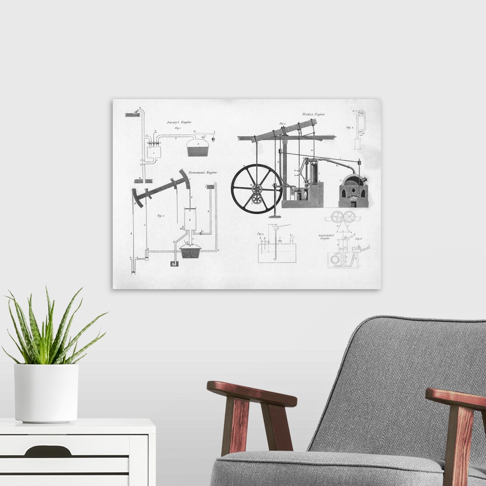 A modern room featuring Engraved plate showing diagrams of various pumping engines. These are steam engines designed to p...