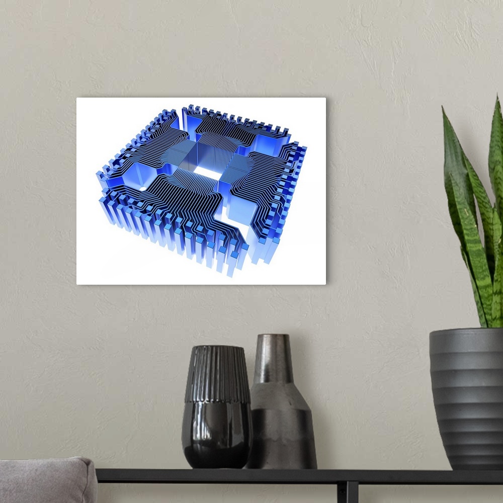 A modern room featuring Quantum computer. Conceptual computer artwork of electronic circuitry as part of a quantum comput...