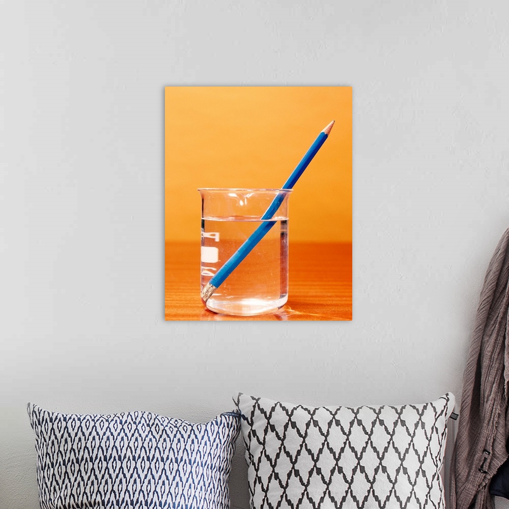 A bohemian room featuring Refraction of an image of a pencil in water. The pencil appears bent due to refraction (bending) ...