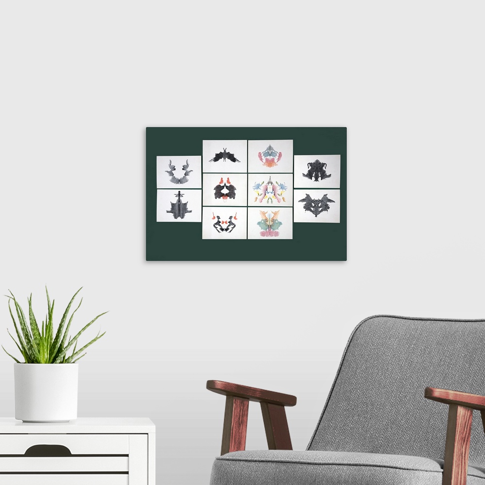 A modern room featuring Inkblot test cards from a set of ten cards used in the Rorschach test. The subject's perceptions ...