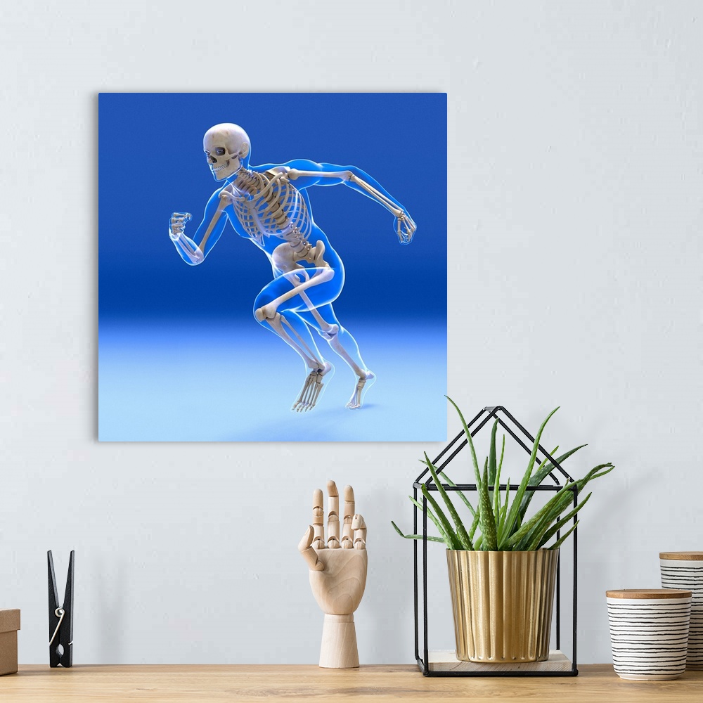 A bohemian room featuring Running skeleton inside an outline of the body, computer artwork.