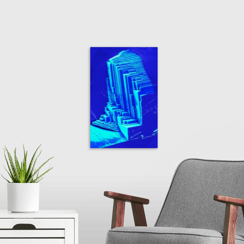 A modern room featuring Sapphire. Coloured scanning electron micrograph of a fractures sapphire. Sapphire is aluminium ox...