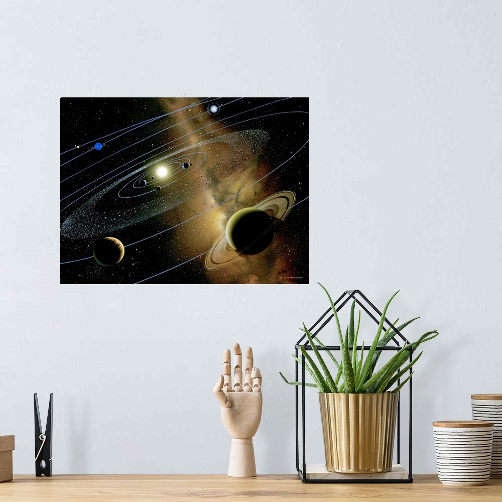 A bohemian room featuring Solar system. Artwork of the nine planets orbiting the Sun (yellow). The planetary orbits are sho...