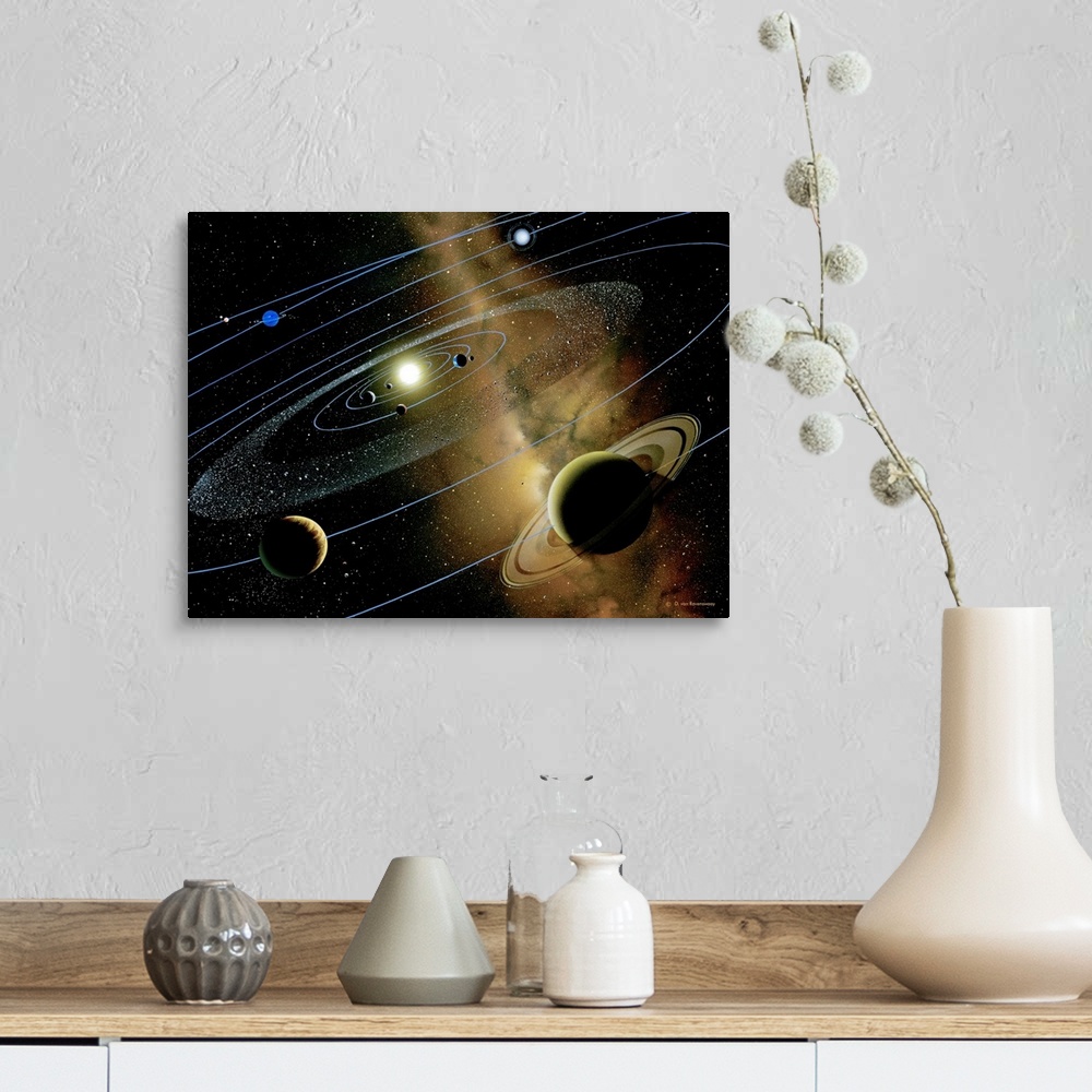 A farmhouse room featuring Solar system. Artwork of the nine planets orbiting the Sun (yellow). The planetary orbits are sho...