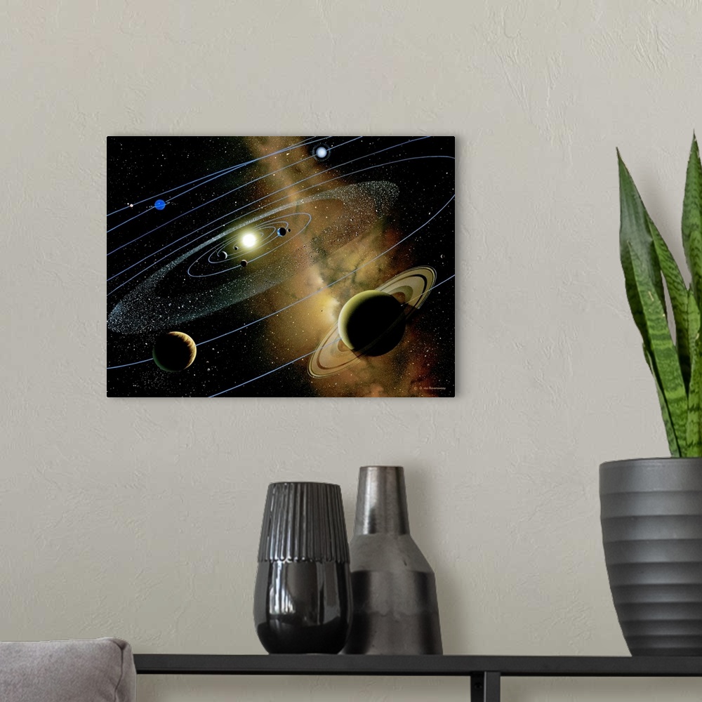 A modern room featuring Solar system. Artwork of the nine planets orbiting the Sun (yellow). The planetary orbits are sho...