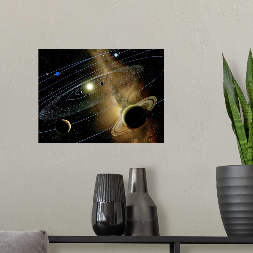 A modern room featuring Solar system. Artwork of the nine planets orbiting the Sun (yellow). The planetary orbits are sho...