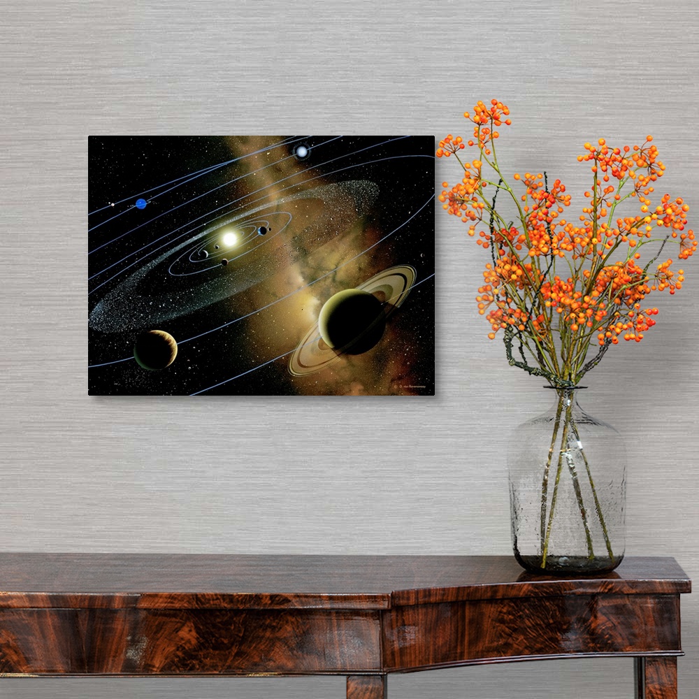 A traditional room featuring Solar system. Artwork of the nine planets orbiting the Sun (yellow). The planetary orbits are sho...