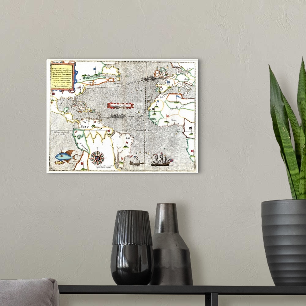 A modern room featuring Sir Francis Drake's voyage 1585-1586. 16th century map showing the journey Sir Francis Drake made...