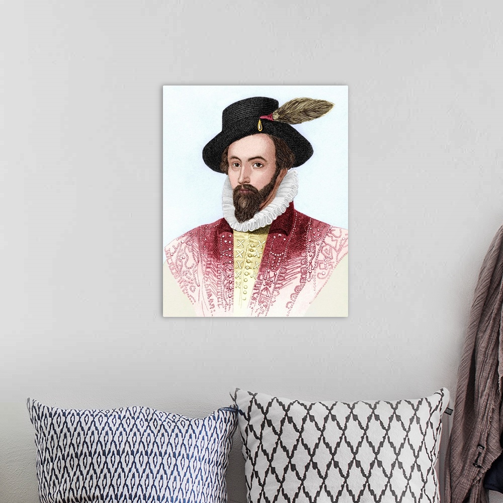 A bohemian room featuring Sir Walter Raleigh (1552-1618), English explorer, courtier and author, whose treasure-seeking exp...