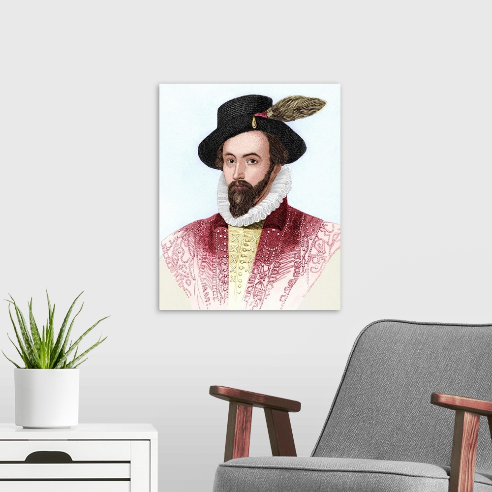 A modern room featuring Sir Walter Raleigh (1552-1618), English explorer, courtier and author, whose treasure-seeking exp...