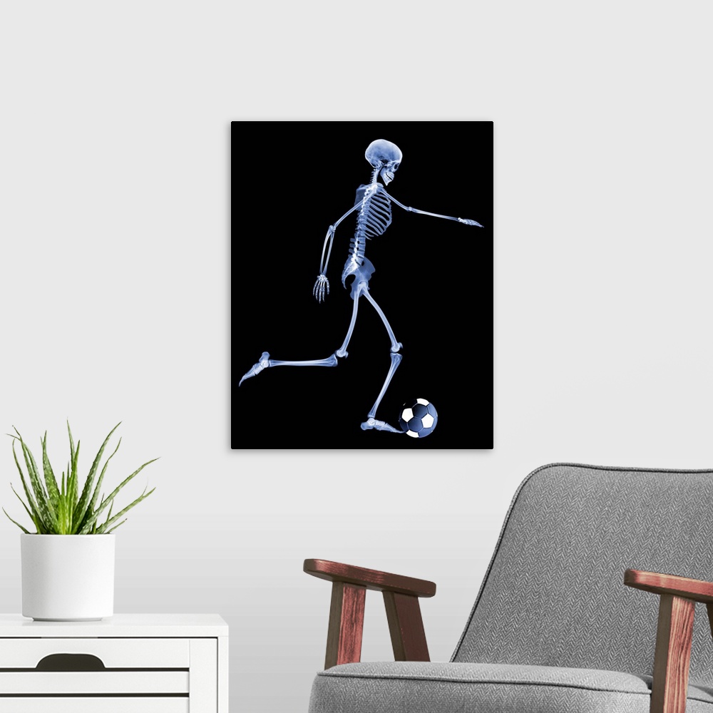 A modern room featuring Skeleton playing football. Computer enhanced X- ray of a skeleton kicking a football.