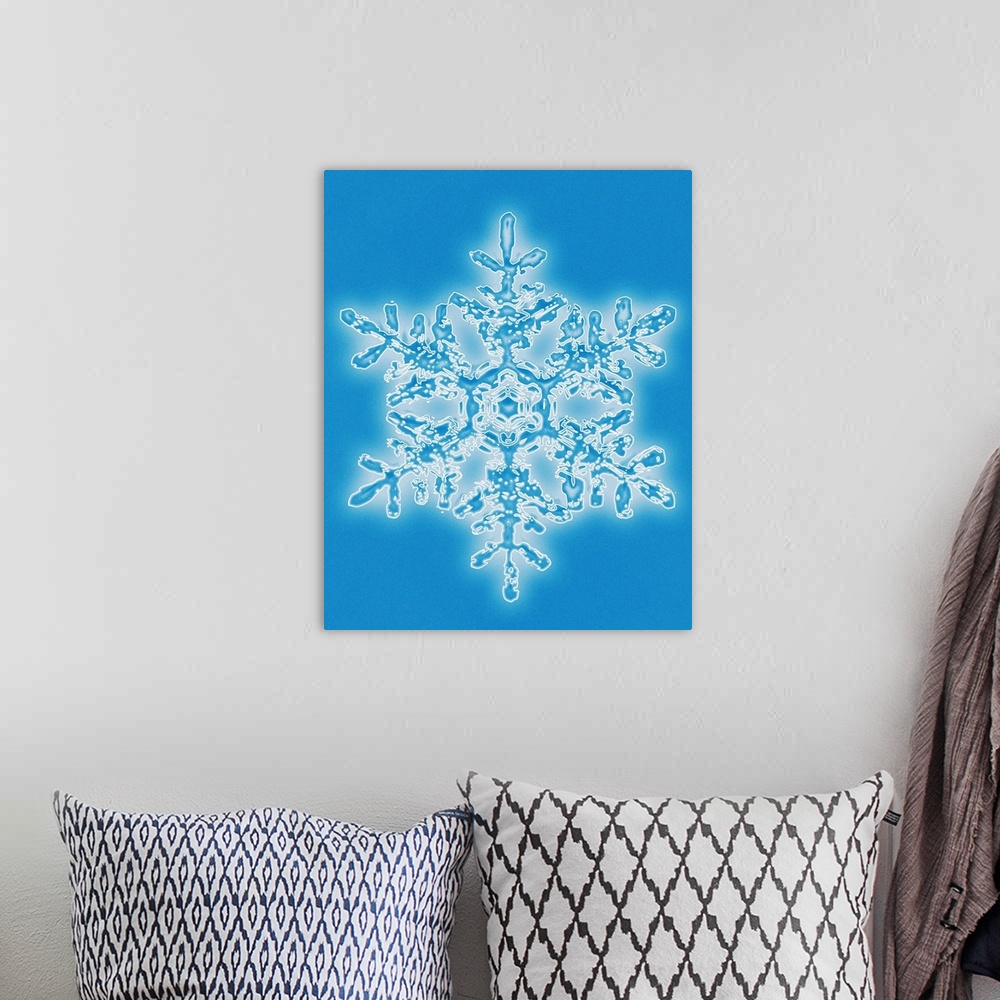A bohemian room featuring Snowflake, computer artwork. Snowflakes are symmetrical ice crystals that form in calm air with t...