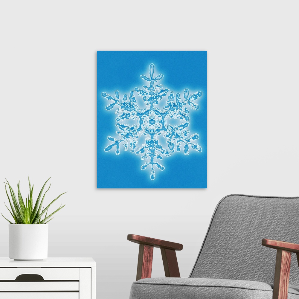A modern room featuring Snowflake, computer artwork. Snowflakes are symmetrical ice crystals that form in calm air with t...