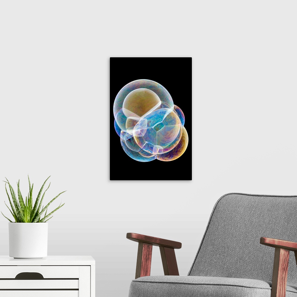 A modern room featuring Soap bubbles merging.