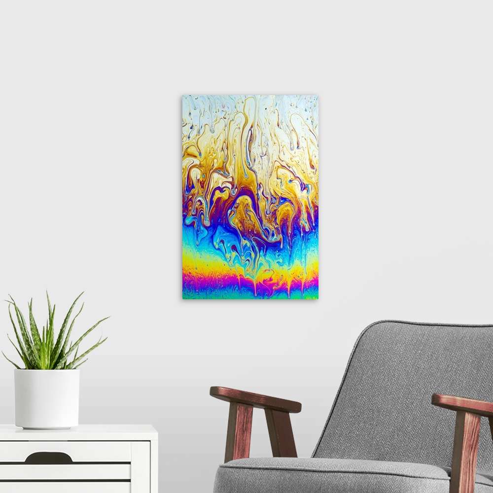 A modern room featuring Soap film patterns. When white light is shone on a soap film (a thin mix of soap and water), colo...