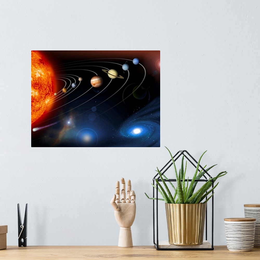 A bohemian room featuring Solar system planets. Computer artwork of the eight planets of the solar system, which are arraye...