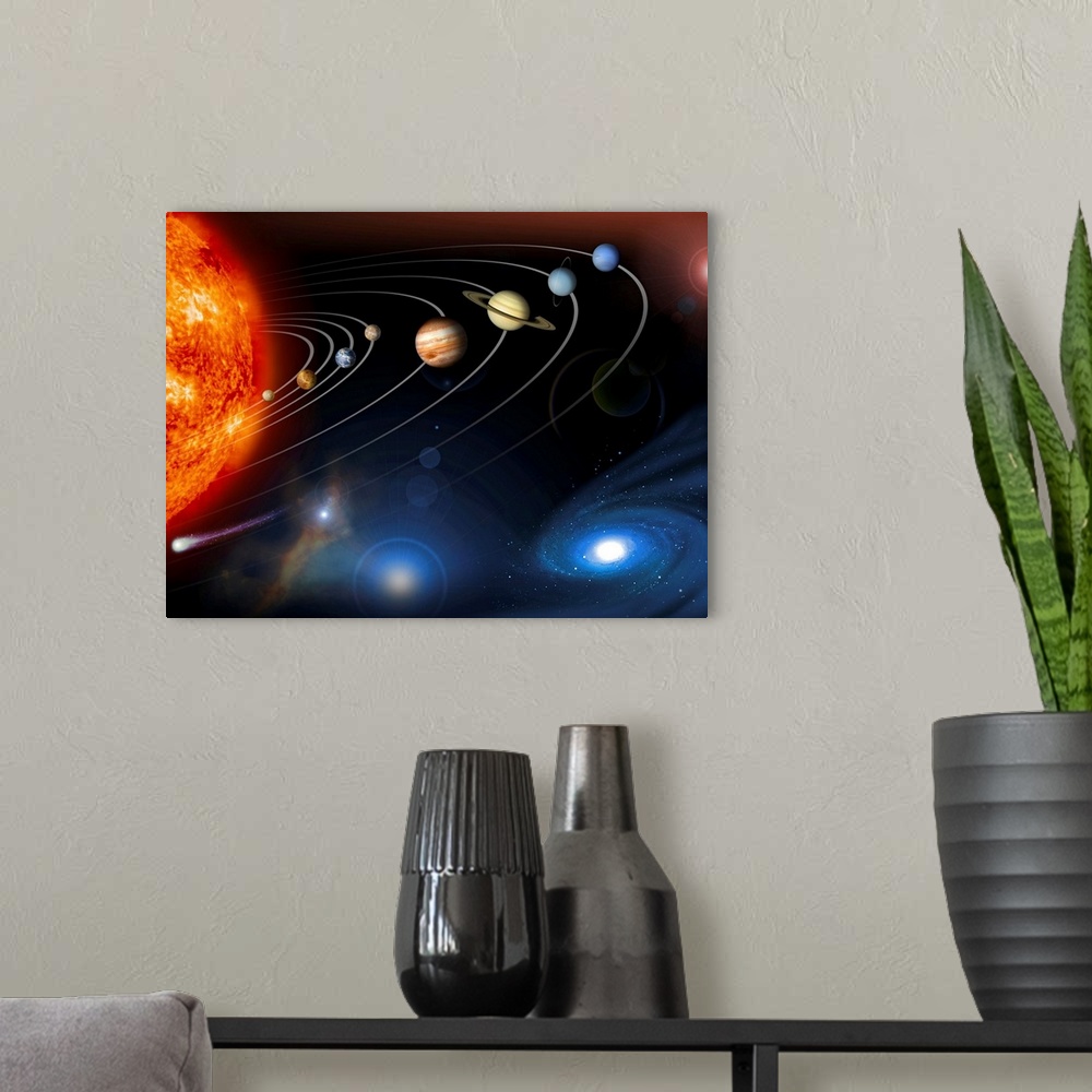 A modern room featuring Solar system planets. Computer artwork of the eight planets of the solar system, which are arraye...