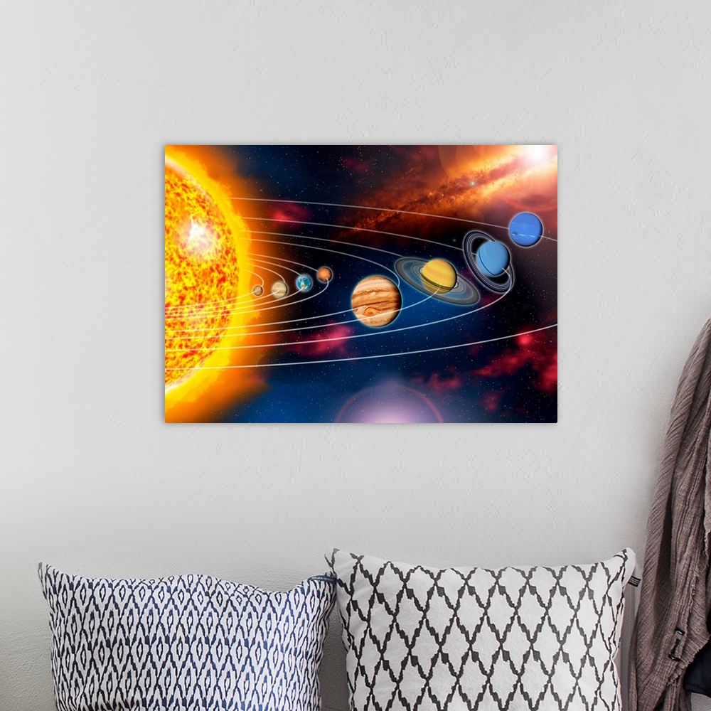 A bohemian room featuring Solar system planets. Artwork showing the Sun (left) and the eight planets of the solar system an...