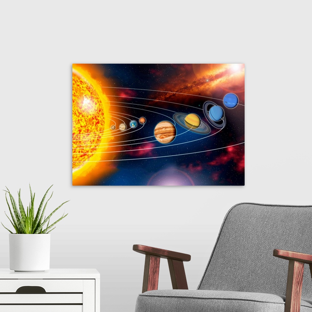 A modern room featuring Solar system planets. Artwork showing the Sun (left) and the eight planets of the solar system an...