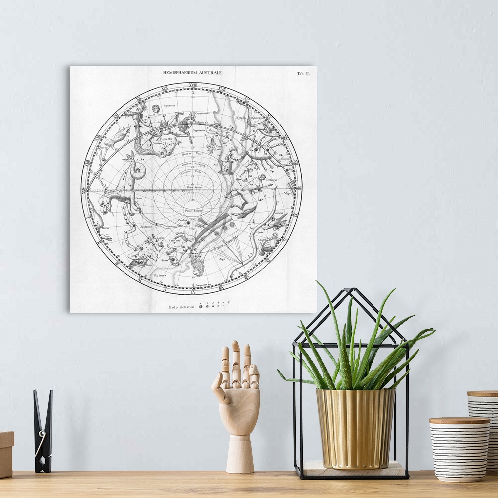 A bohemian room featuring Southern celestial map. Historical map of the sky of the southern hemisphere, showing the stars a...