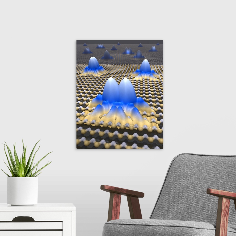 A modern room featuring Spintronics research. Composite coloured scanning tunnelling micrograph (STM) showing ferromagnet...