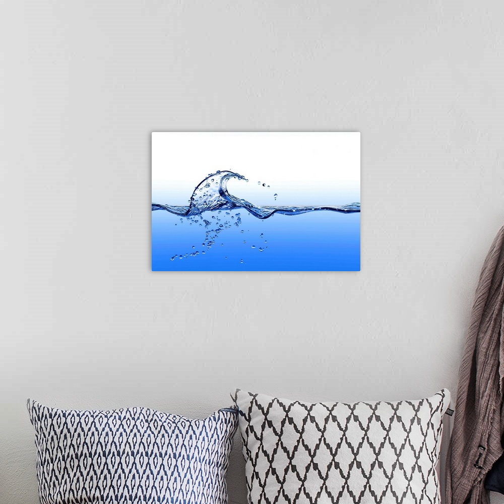 A bohemian room featuring Computer artwork of a splashing wave with bubbles, above and below water.