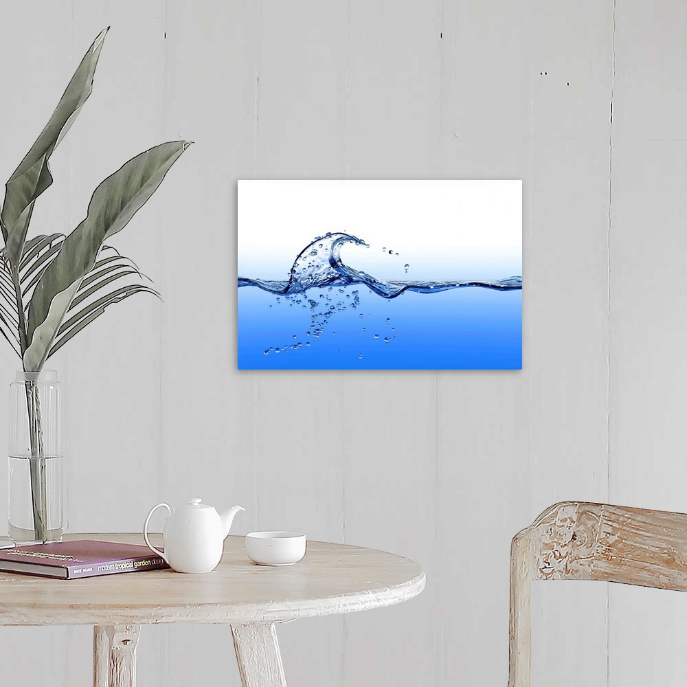 A farmhouse room featuring Computer artwork of a splashing wave with bubbles, above and below water.