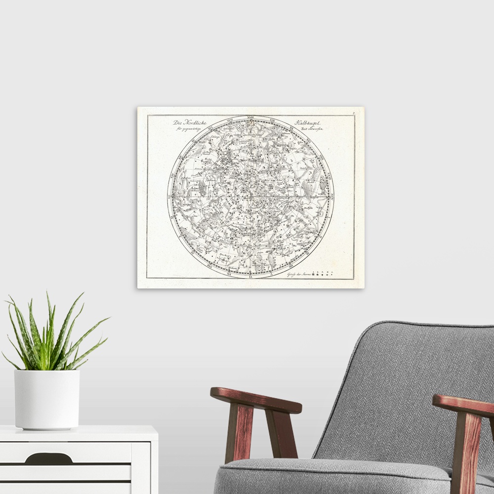 A modern room featuring Star map, 19th century. This star map shows the stars of the northern hemisphere. It was publishe...