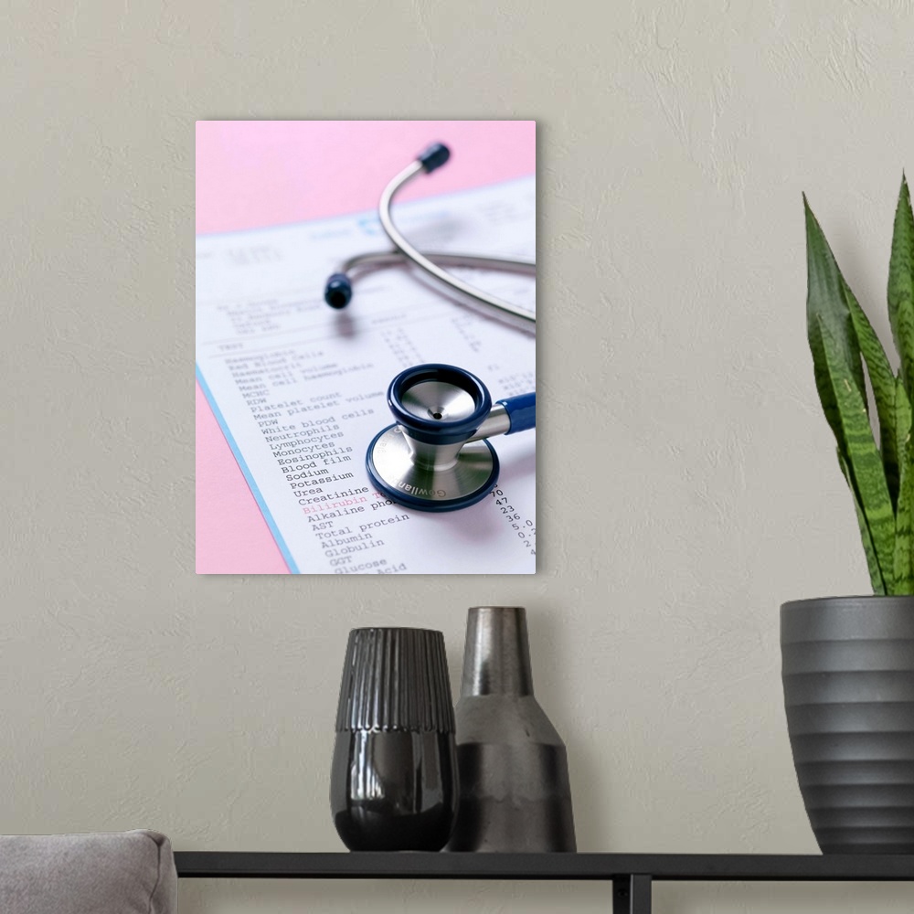 A modern room featuring Stethoscope and blood test results.