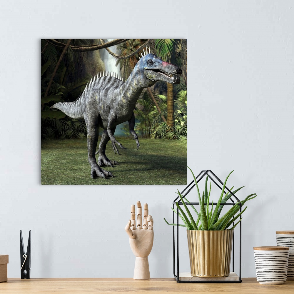 A bohemian room featuring Suchomimus dinosaur in a prehistoric jungle, computer artwork. This bipedal spinosaurid dinosaur ...