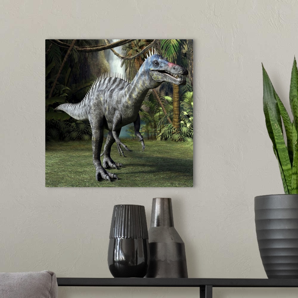 A modern room featuring Suchomimus dinosaur in a prehistoric jungle, computer artwork. This bipedal spinosaurid dinosaur ...
