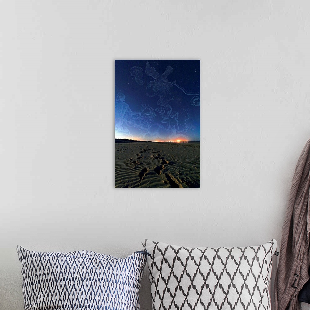 A bohemian room featuring Summer night sky over a beach. Among the constellations seen here are Scorpius, Sagittarius, Capr...