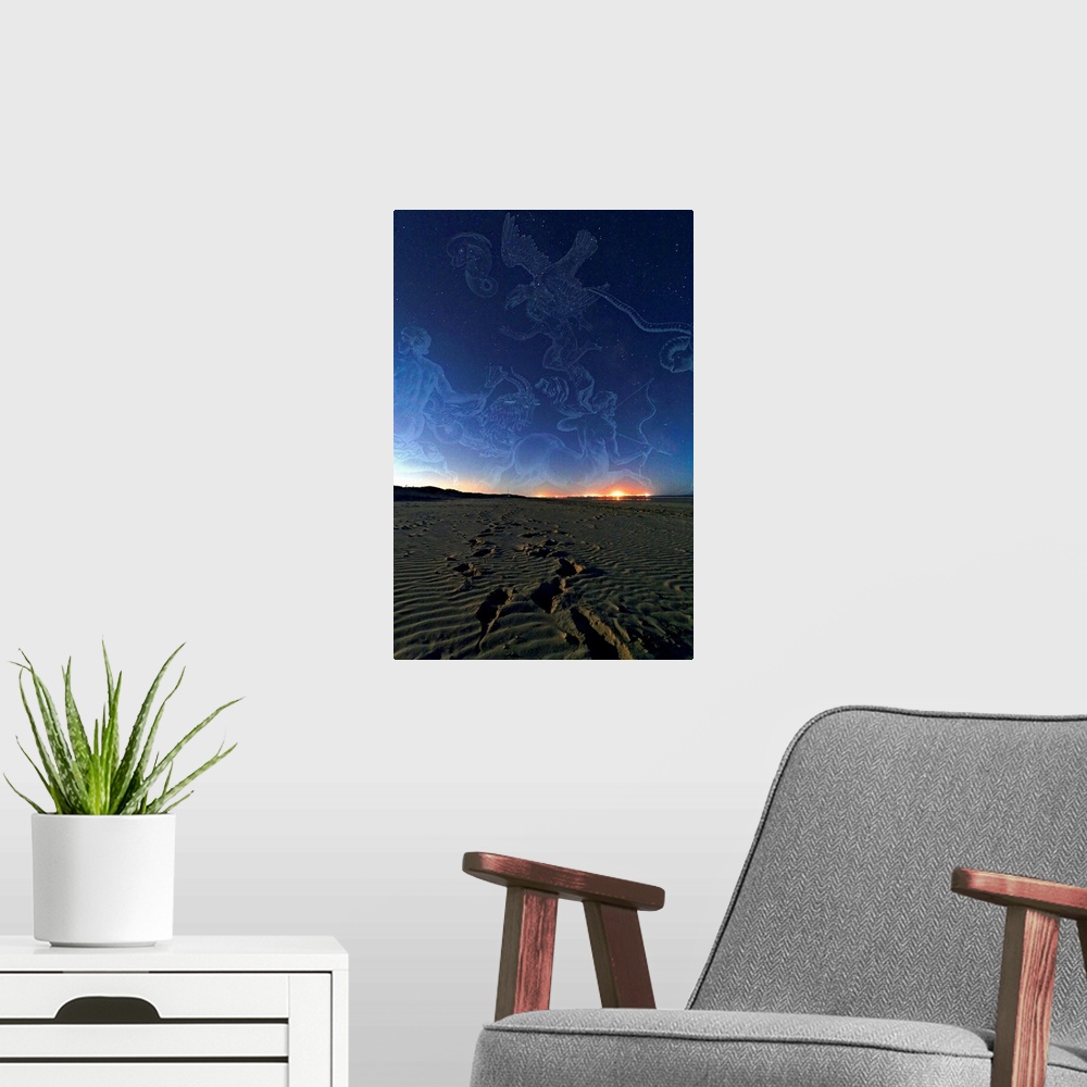 A modern room featuring Summer night sky over a beach. Among the constellations seen here are Scorpius, Sagittarius, Capr...