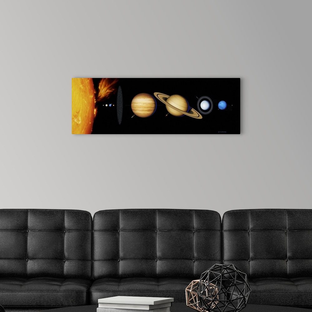 A modern room featuring Sun and its planets. Artwork of the nine planets of the solar system arrayed from left to right i...