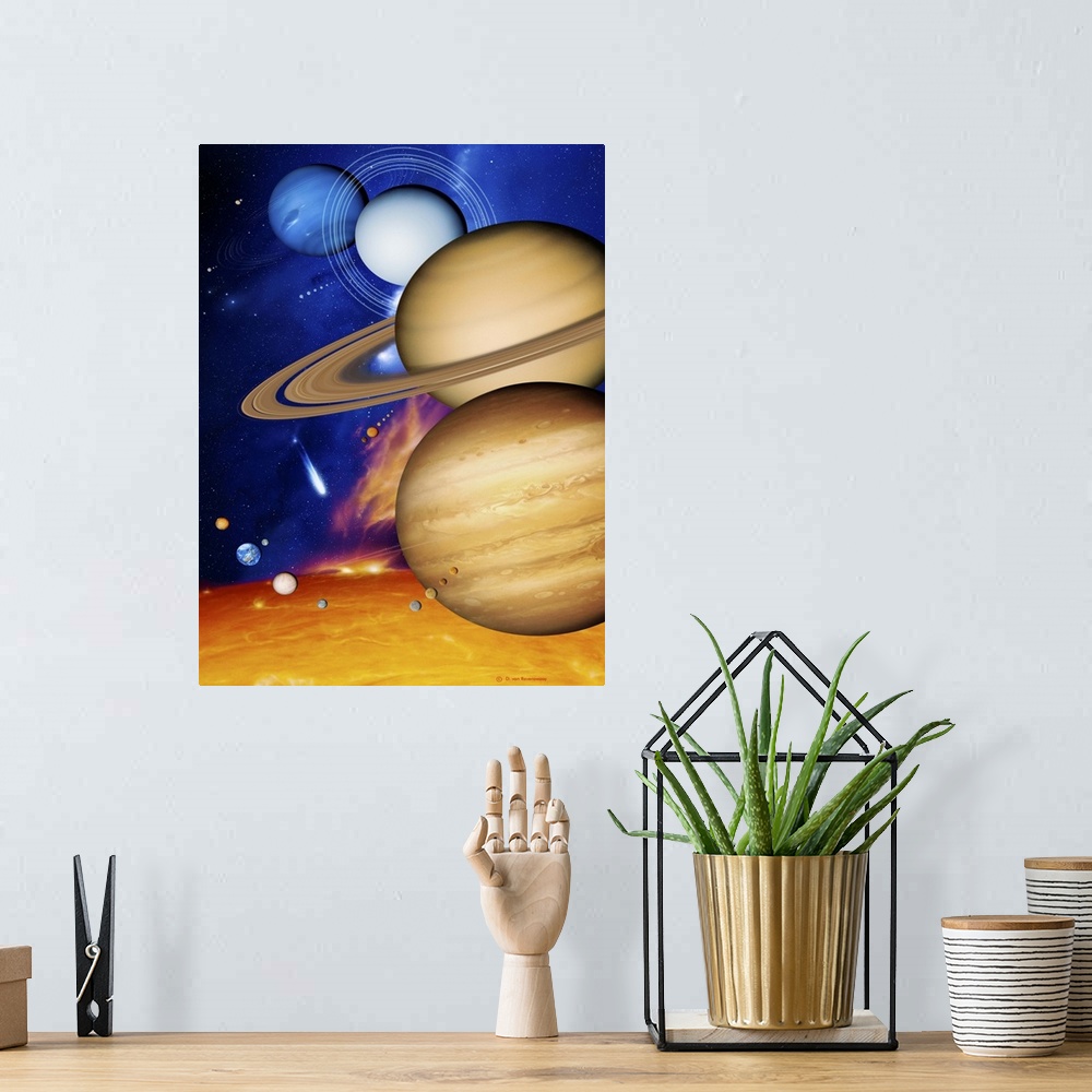 A bohemian room featuring Sun and its planets. Artwork of the nine planets of the solar system and the Sun (across bottom)....