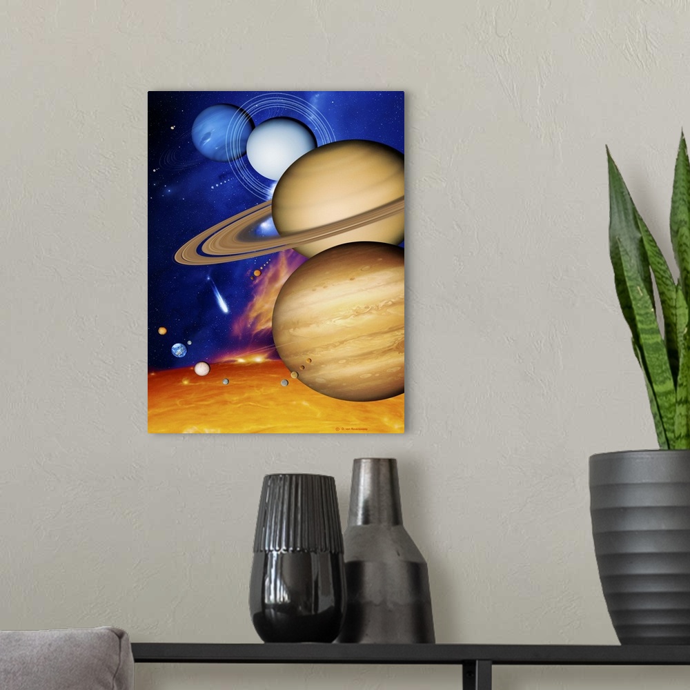 A modern room featuring Sun and its planets. Artwork of the nine planets of the solar system and the Sun (across bottom)....