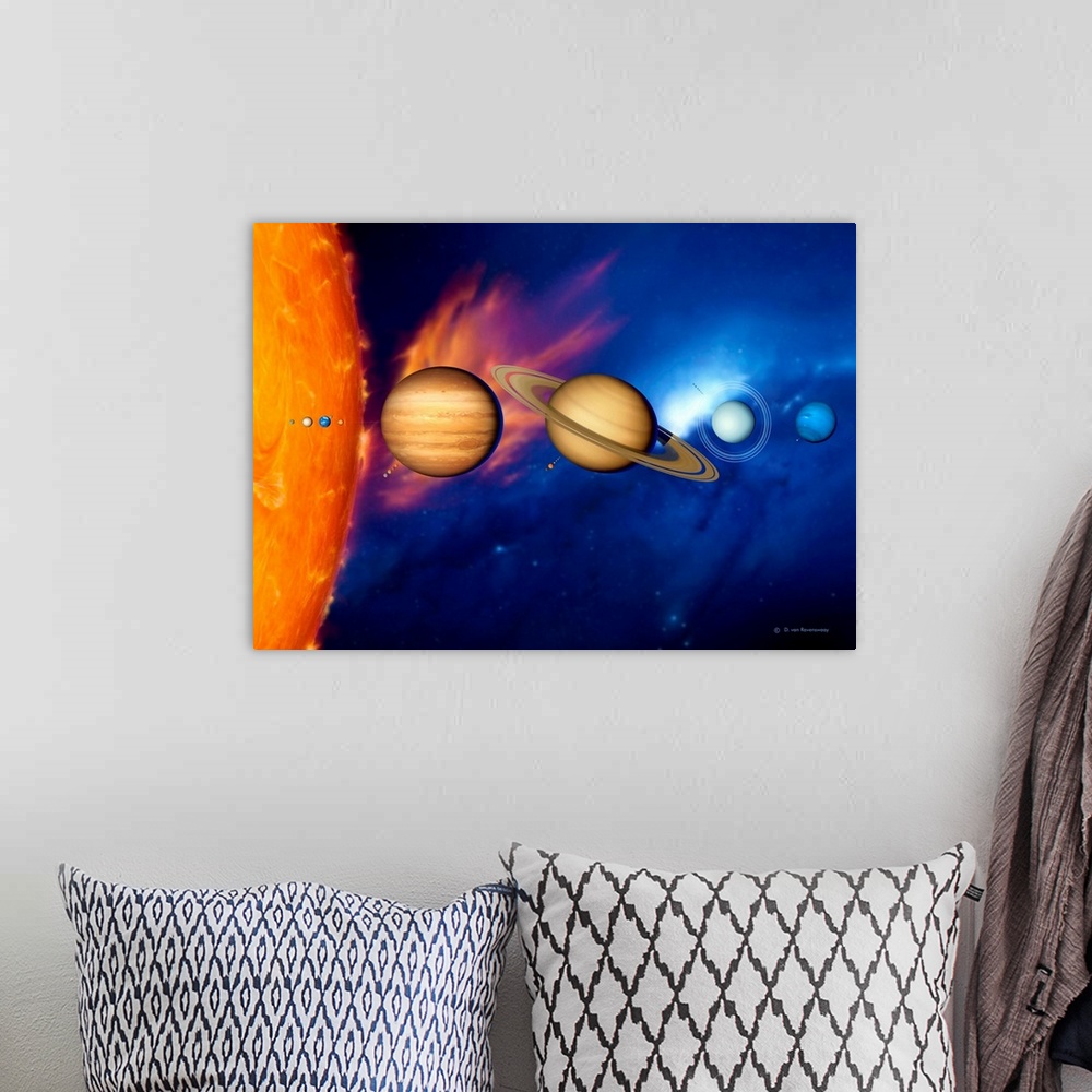 A bohemian room featuring Sun and its planets. Artwork of the eight planets of the solar system arrayed from left to right ...