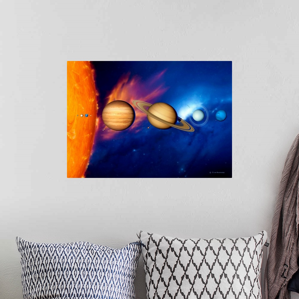 A bohemian room featuring Sun and its planets. Artwork of the eight planets of the solar system arrayed from left to right ...
