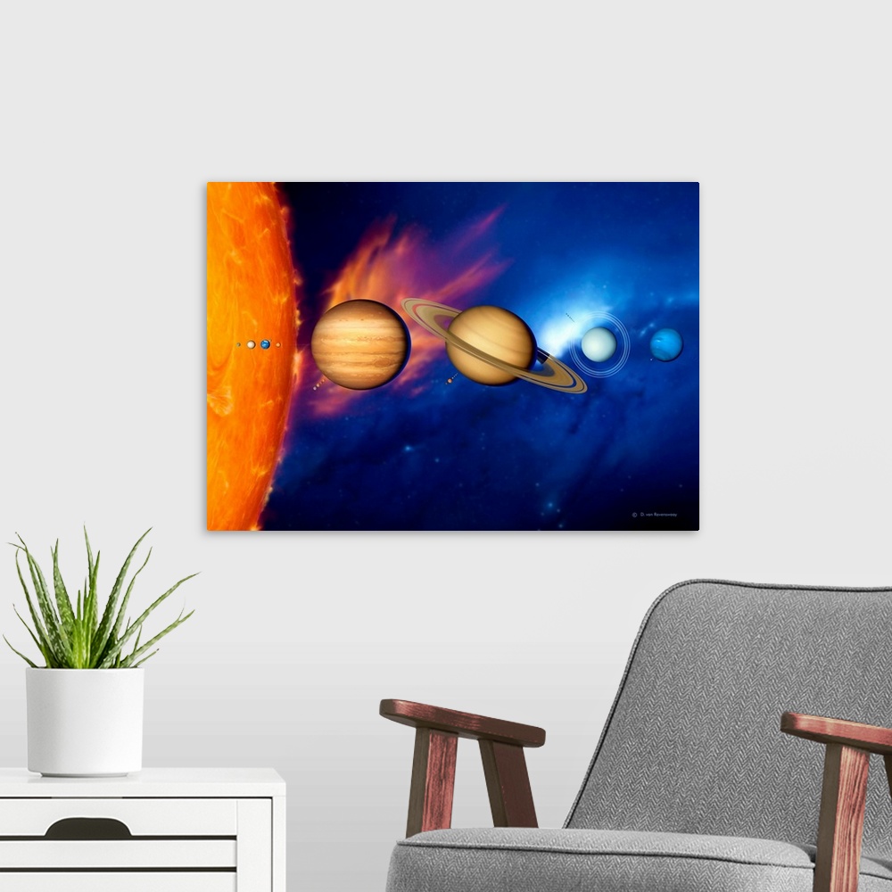 A modern room featuring Sun and its planets. Artwork of the eight planets of the solar system arrayed from left to right ...