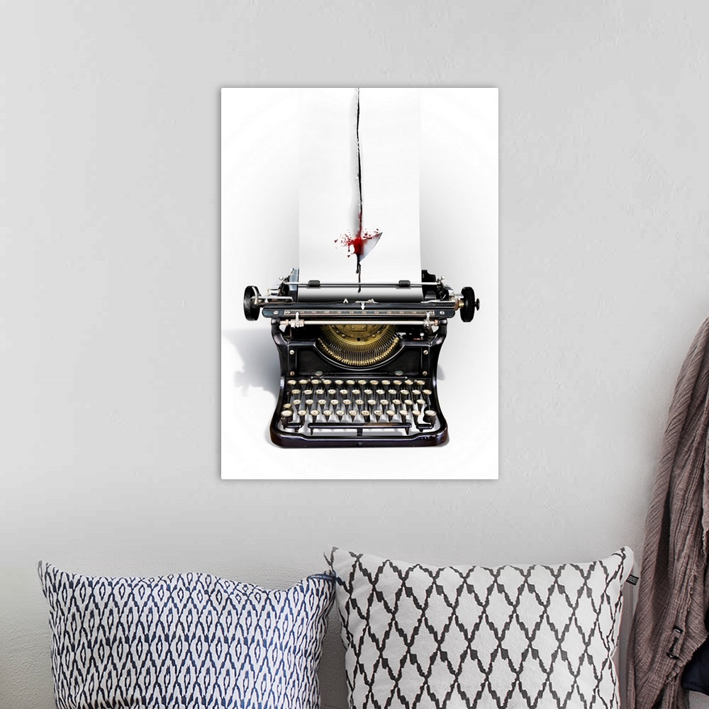 A bohemian room featuring Threats to free speech. Conceptual image of a typewriter with a sheet of paper slashed by a blood...